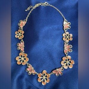 Floral Gold Necklace with Pink and Peach Flowers